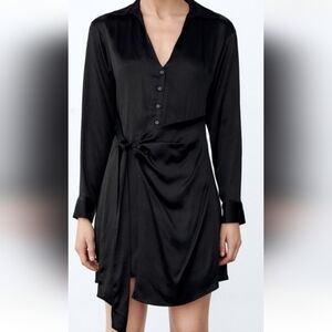 Zara Black Satin Button Front Tie Wrap Dress Size Medium